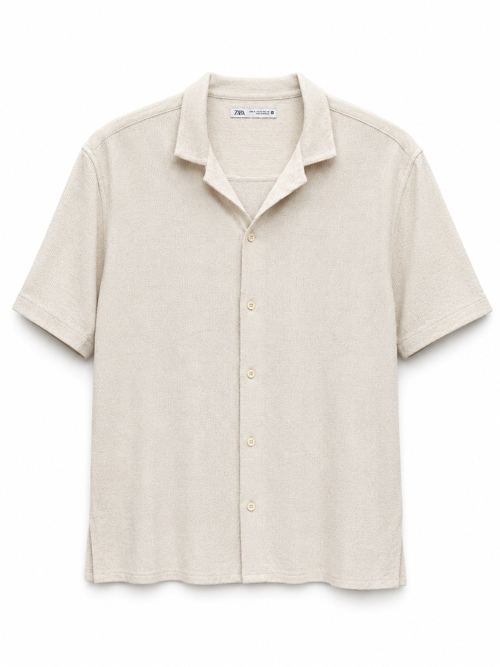 Zara Textured Knit Camp Collar Button Up Shirt Men’s XL Ecru Cotton Blend Resort